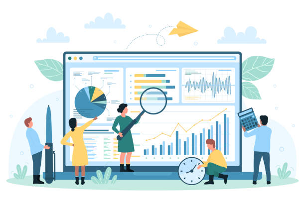 Illustration of different people looking at data and evidence online