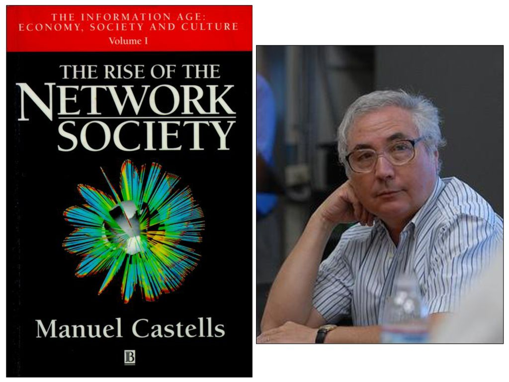 A photo of Manuel Castells and the cover of his book "The rise of the network society"